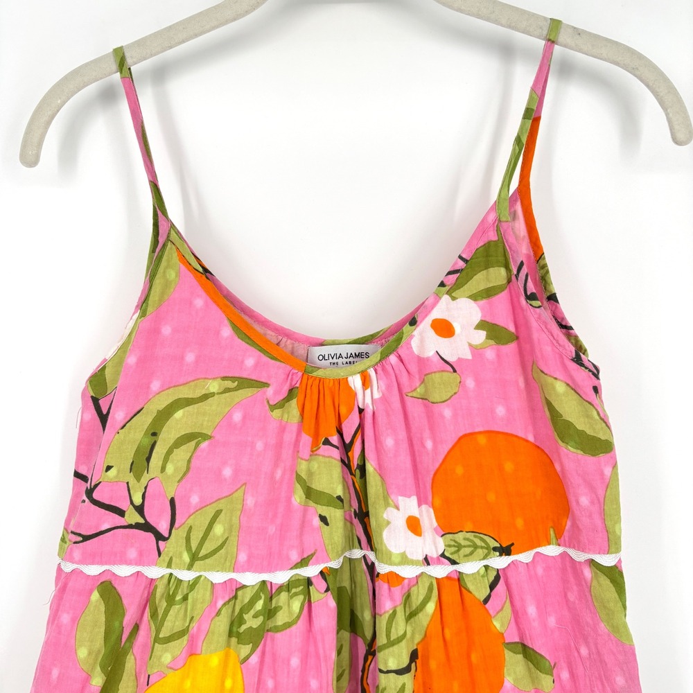 Olivia James The Label Pink Citrus Fruit Print Tiered Maxi Dress Ric Rac Trim XS - Picture 4 of 10